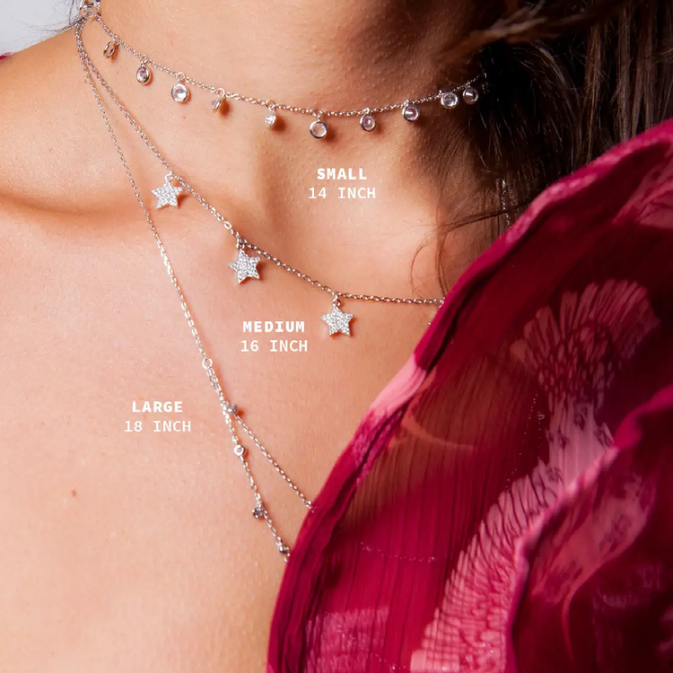 An Instagram shoppable post demonstrating different lengths of necklaces that can be bought