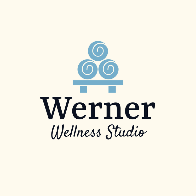 Werner Wellness Studio text and icon logo in the fonts Yrsa and Satisfy with an icon of 3 rolled towels stacked on a bench