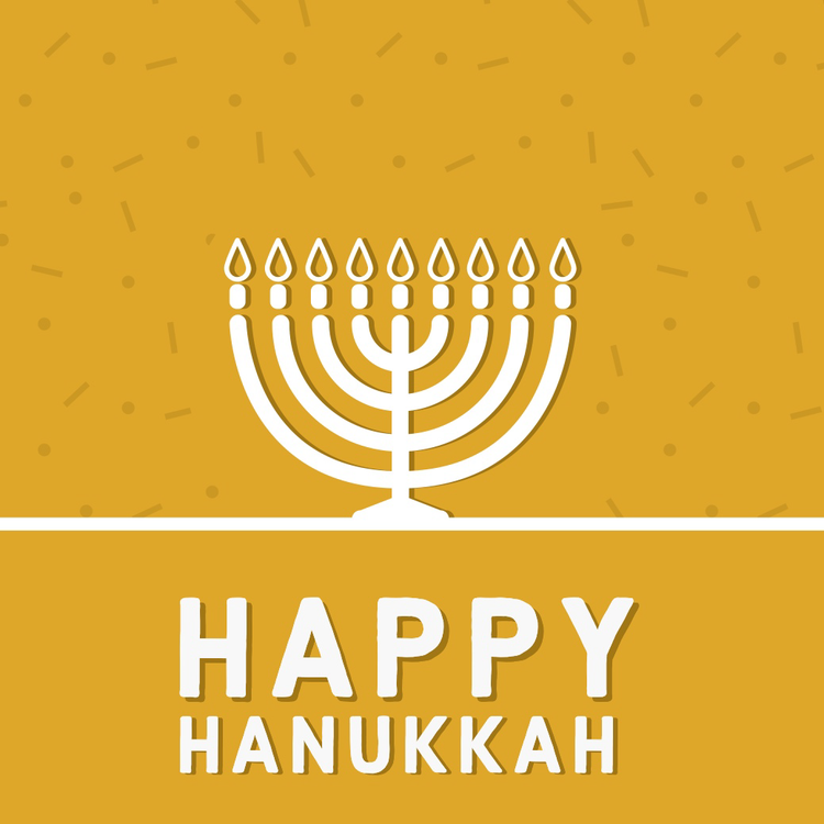 "Happy Hanukkah" Instagram post with a lit Menorah against a yellow background