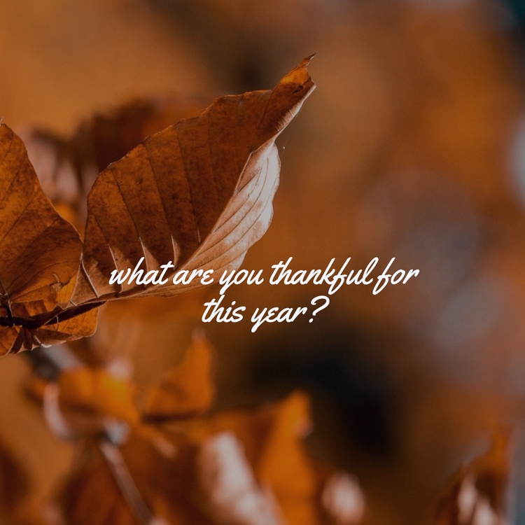 "What are you thankful for this year?" Halloween Instagram post against a close up image of autumn leaves