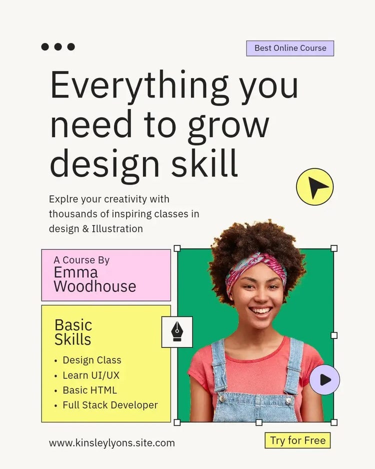 An Instagram ad for an online course that covers "everything you need to grow design skill" with relevant course details
