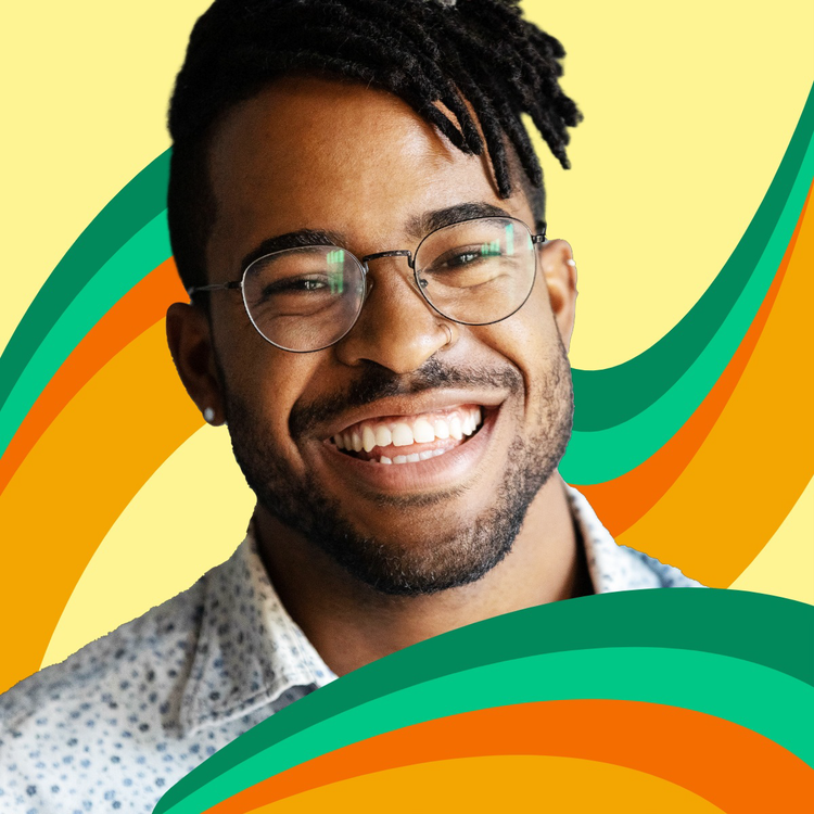 An Instagram post of a person with dark skin, dreads, and clear glasses smiling against a colorful background
