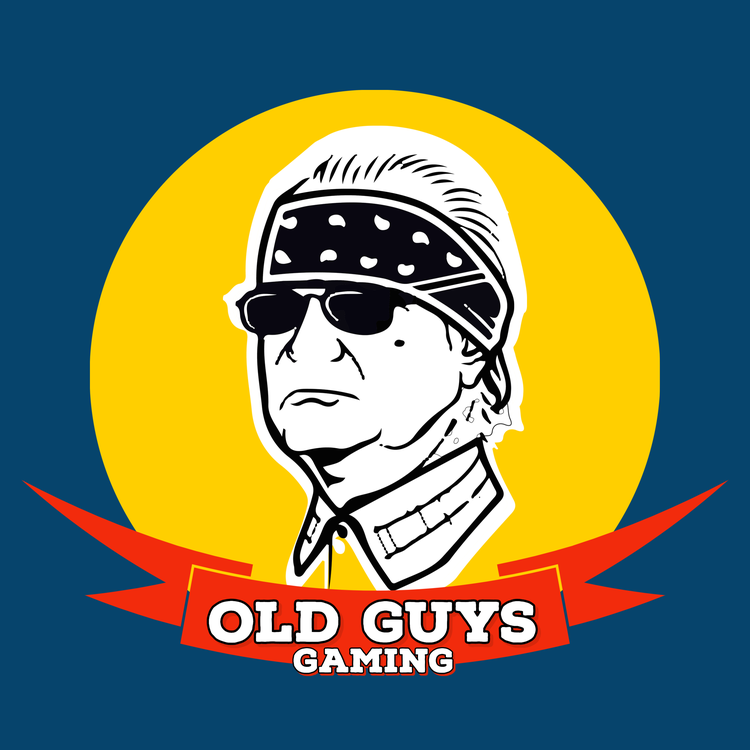 Old Guys Gaming fantasy football logo written on a red banner with an icon of an old person with sunglasses and a bandana