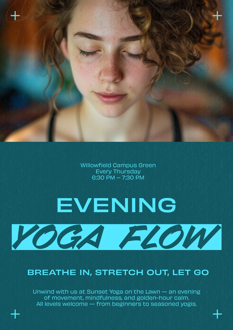 image of a woman with a teal text block underneath for event details