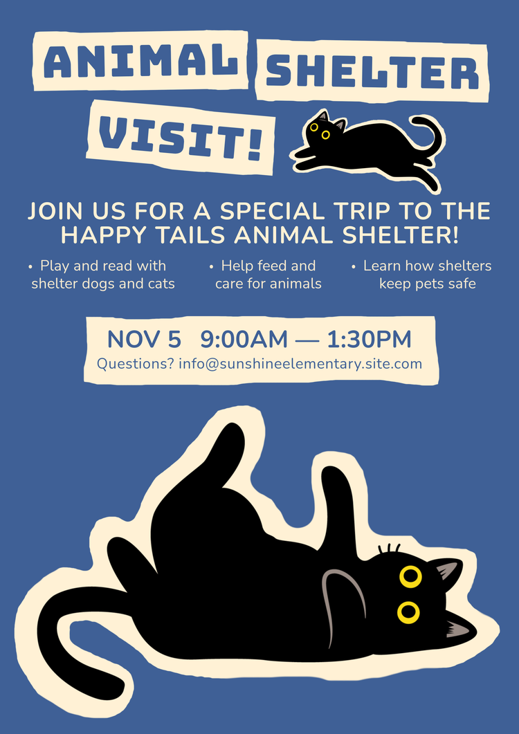 a poster for an animal shelter visit with two black cats and event info