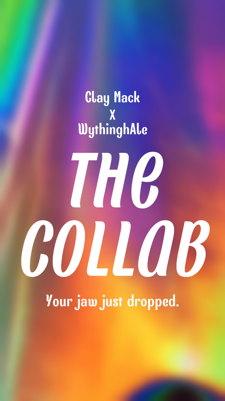 A social media influencer's post promoting a collab between two creators against a rainbow gradient background