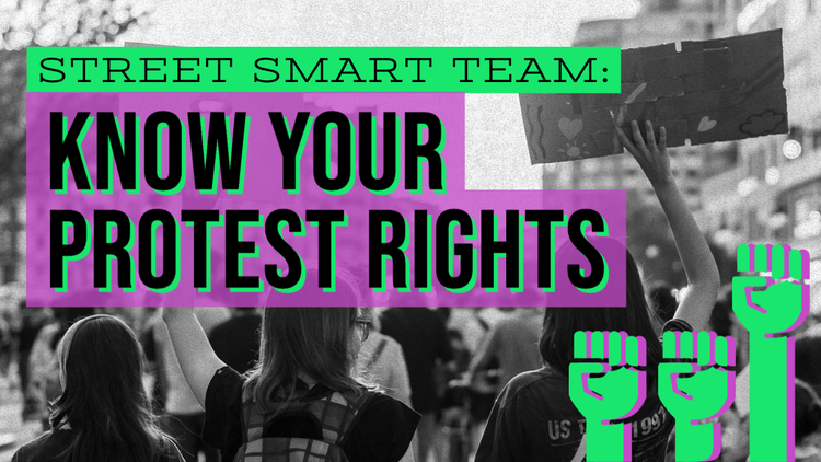 "Street smart team: know your protest rights" YouTube thumbnail with protesters in the background and 3 fists raised in the foreground
