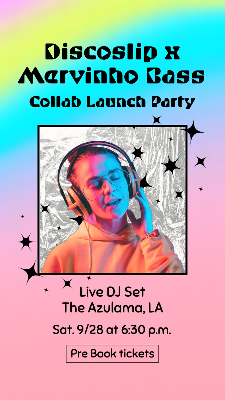 A social media influencer promoting a collab launch party with event details and an image of a person wearing headphones