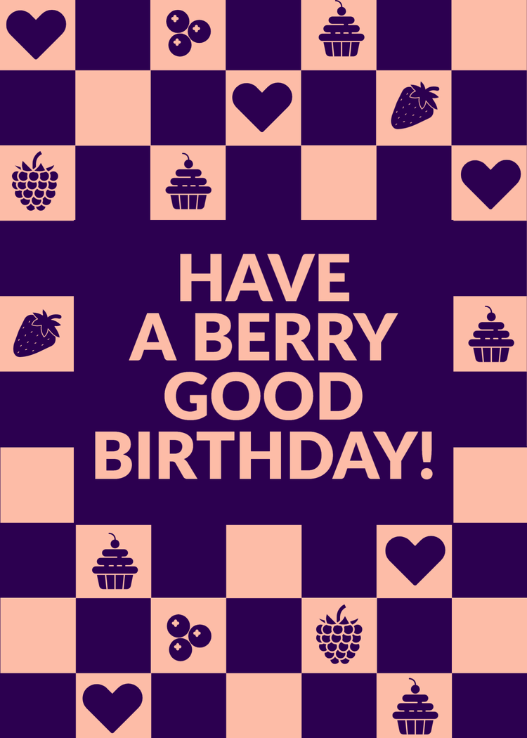 "Have a berry good birthday!" card with a checkered pattern with icons in the background