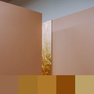 A color palette created from an image of two brown-neutral walls with a gold strip