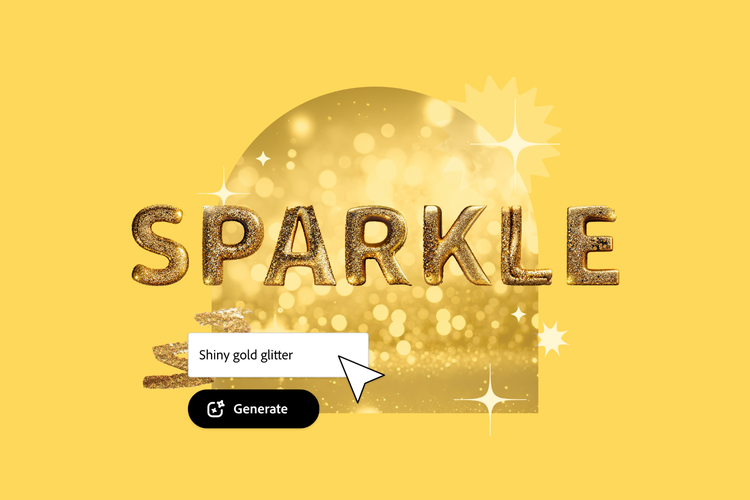 The word sparkle in shiny, gold, glittery 3-D letters with a half circle golden, sparkly design element in behind the word, with a text field and generate button below, all against a yellow background.