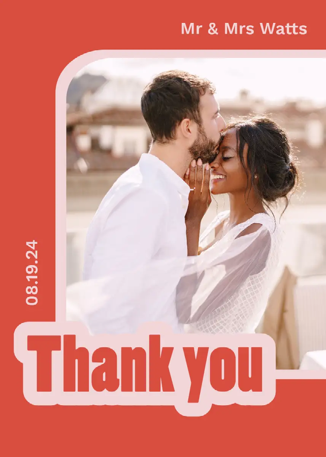 A wedding thank you card with an image of a person kissing another person's head against an orange background