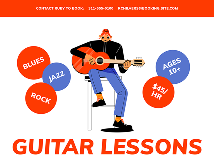 An Adobe Express flyer template featuring a white background with a man playing a guitar, advertising various types of guitar lessons.