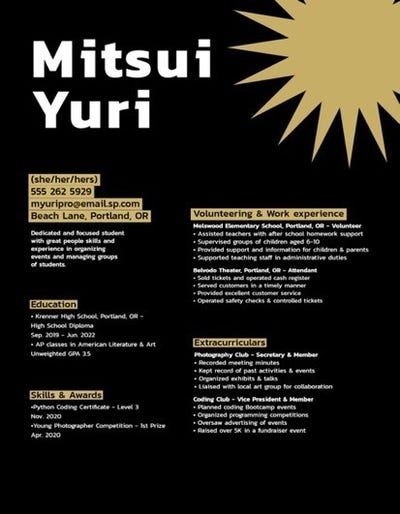 Yellow Black Highlights star pronouns Resume