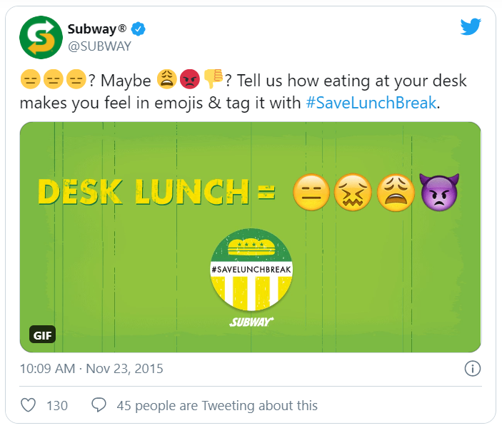 Twitter business account example: Subway
