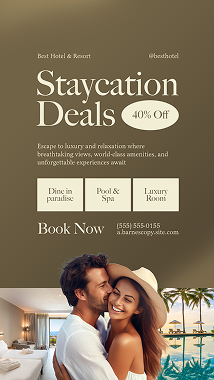 A brown promotional poster for a hotel staycation deal, offering 40% off. Text is a subtle serif, evoking a slightly premium feeling.