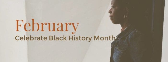 Banner for Black History Month in February with partially visible person.