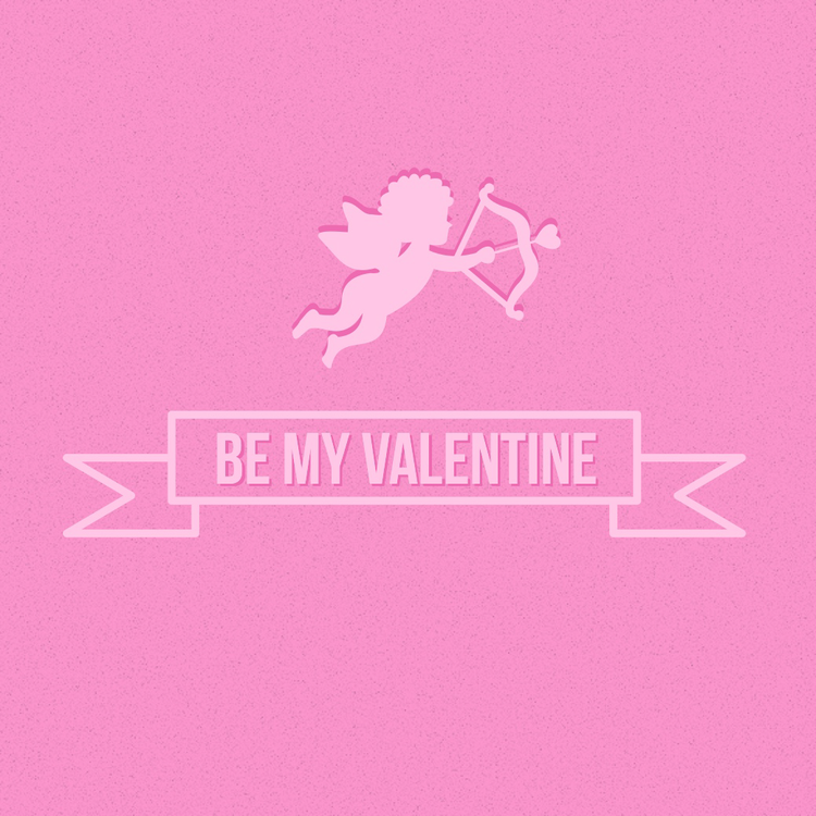 "Be my Valentine" Instagram post with an outline of a baby cupid holding a bow and arrow against a pink background