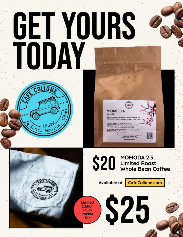 "MOMODA 2.5 Limited Roast Whole Bean Coffee" promotional flyer with images of coffee bags, merchandise, and beans with the company logo