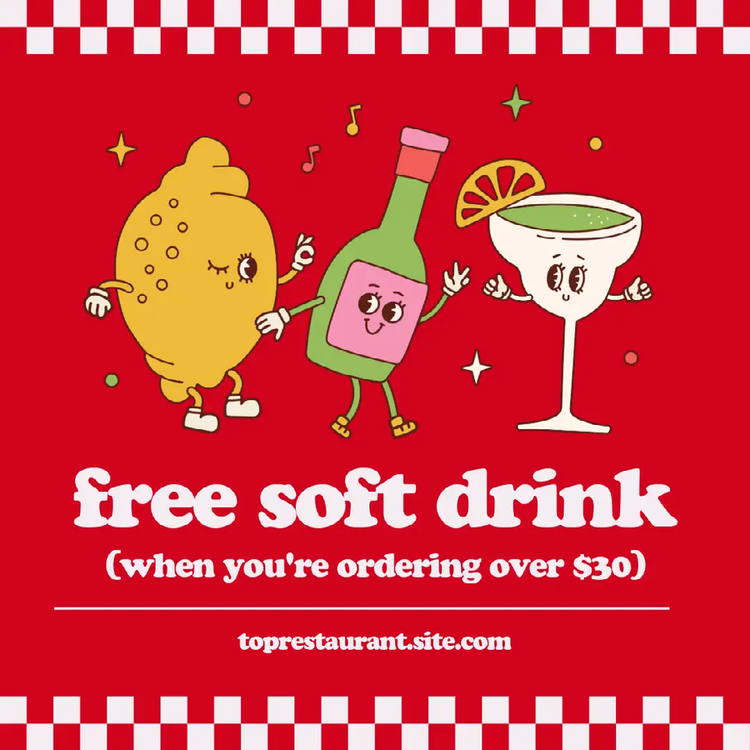 A social media post promoting a free soft drink when you order over $30 with graphics of a lemon, bottle, and cocktail