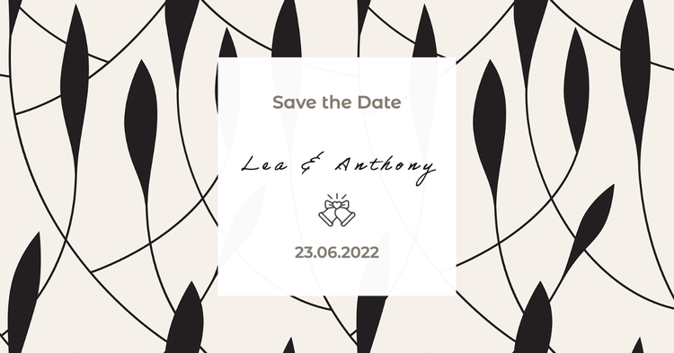 "Save the Date Lea & Anthony 23.06.2022" Facebook cover with wedding bells agaist a black and white background