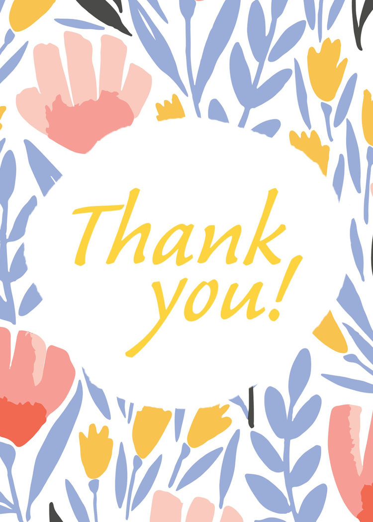 Thank you card with blue, pink, and yellow graphics of flowers and leaves