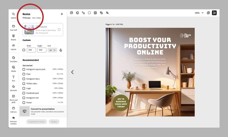 Screenshot of Adobe Express showing how to resize an image