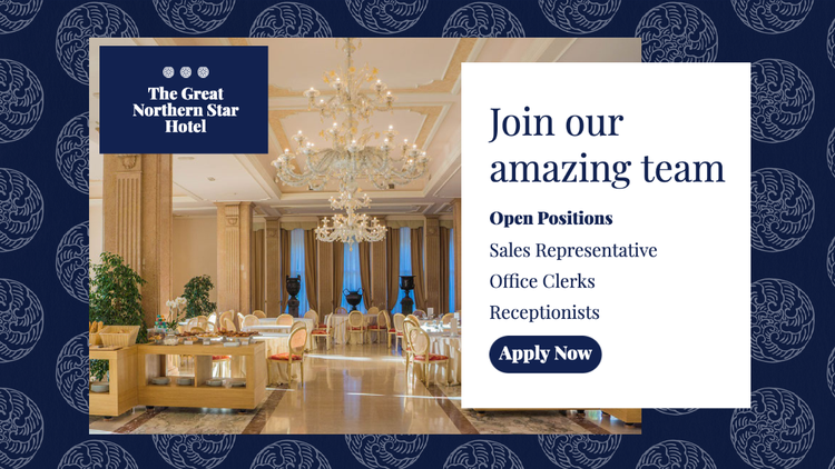 "The Great Northern Star Hotel – Join our amazing team Apply Now" Twitter banner with a grand hotel dining room