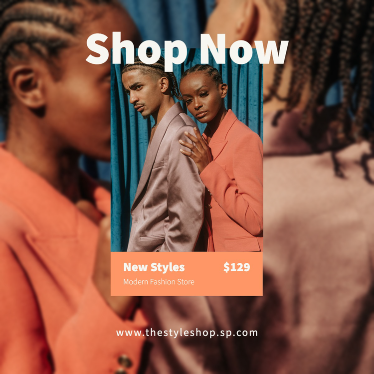 "Shop Now New Styles $129" Instagram post with two models posing blazers against a blurry background image of the same models