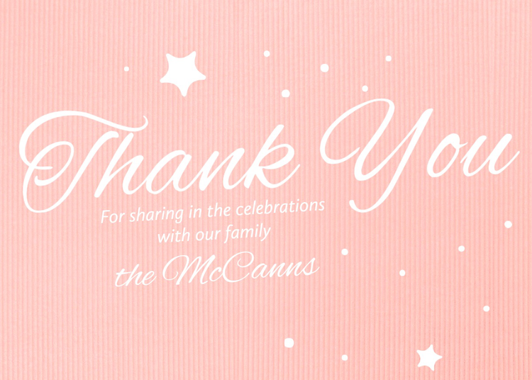Thank you for sharing in the celebration with our family baby shower thank you card against a pink background with white dots and stars