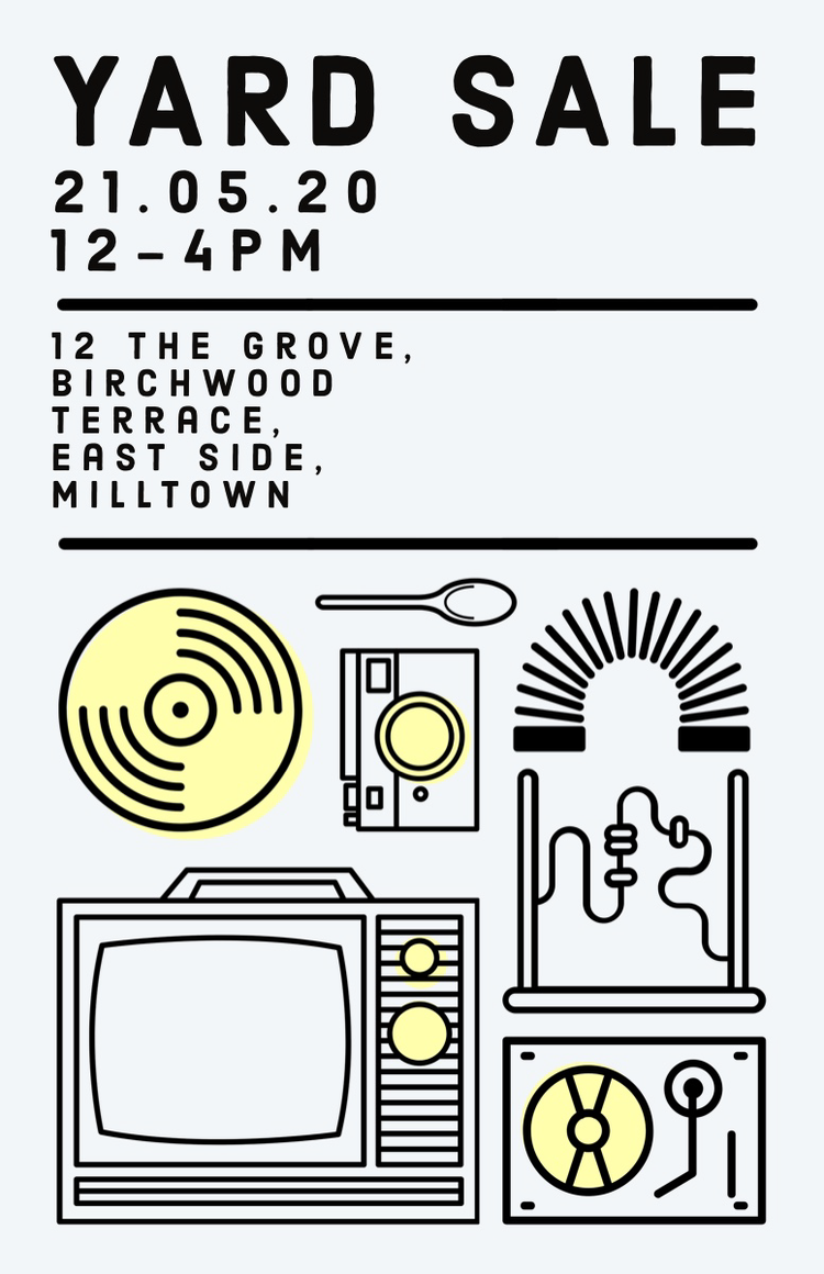 Yard Sale poster with relevant information with graphics of various objects – TV, record player, camera, spoon, etc.