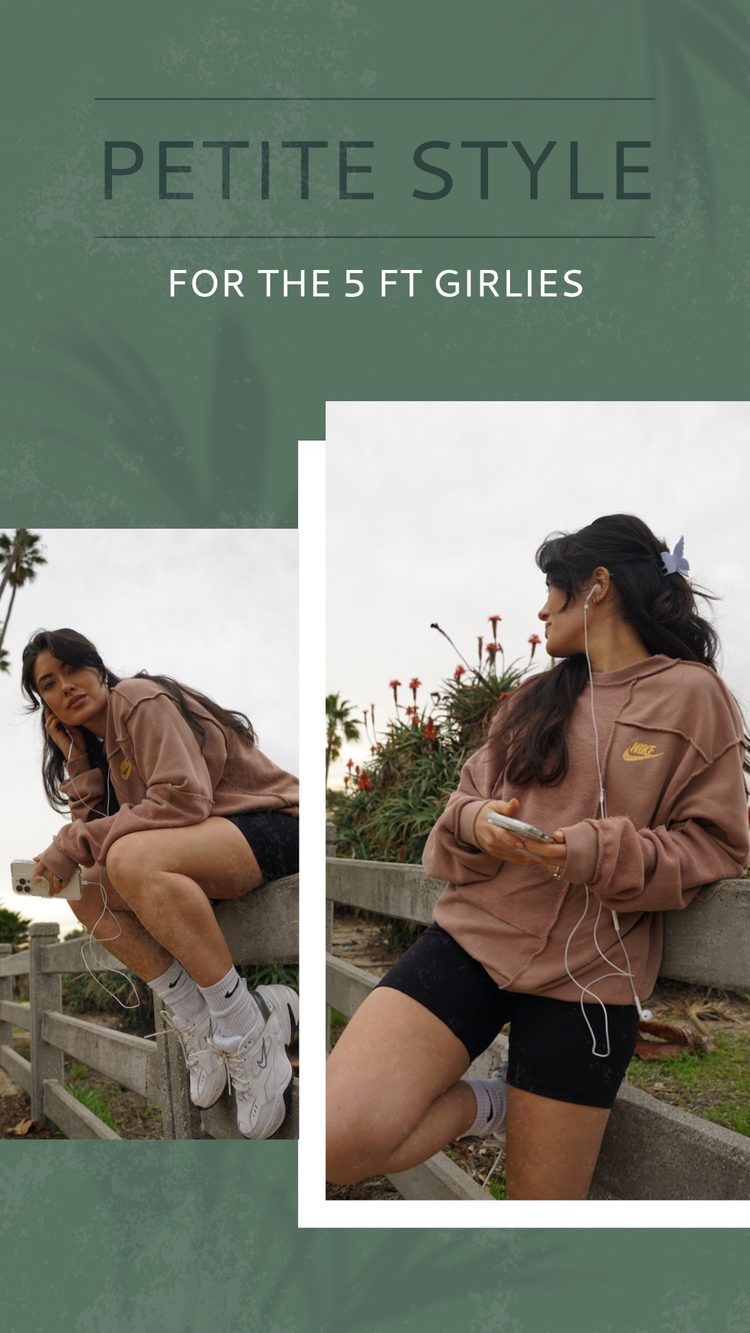 "Petite Style for the 5ft girlies" sponsored Instagram post with a person wearing black shorts, a brown pullover, and white sneakers