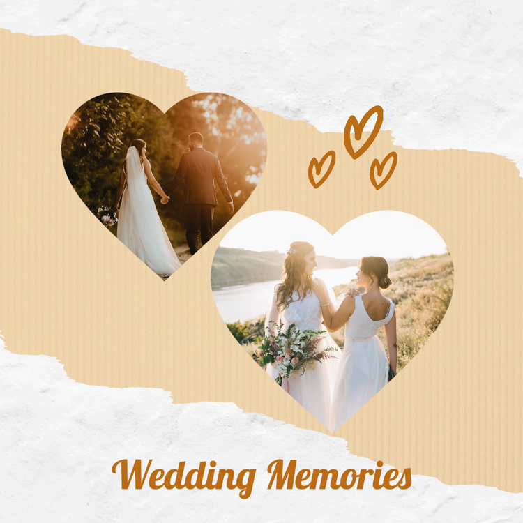 "Wedding memories" Instagram post with two images of people at a wedding cut into heart shapes against a white and tan background