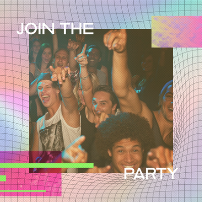 "join the party" Instagram post with a crowd of partygoers pointing toward the camera and smiling