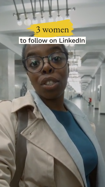 Instagram reel template featuring a woman wearing glasses and a trenchcoat. Text says "3 women to follow on LinkedIn".