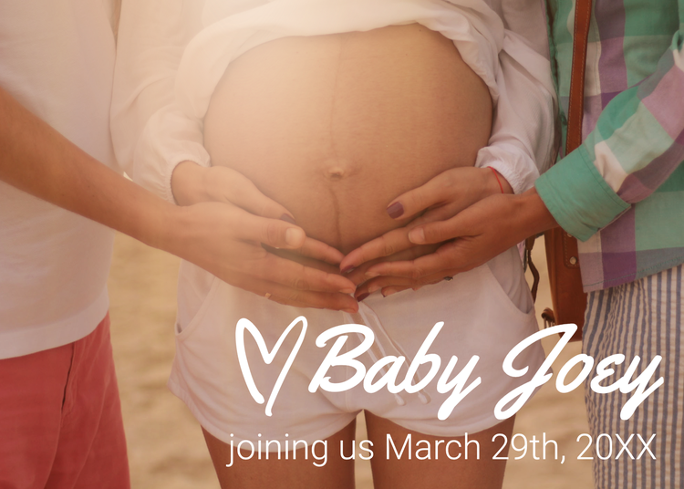 "Baby Joey" pregnancy announcement with a pregnant person holding their belly with people on either side also touching their belly