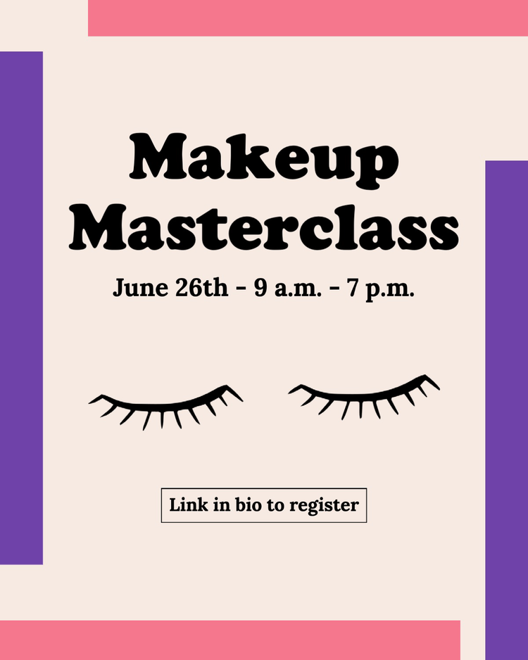 "Makeup Masterclass" paid course Instagram post with event details and an icon of closed eyes with long eyelashes