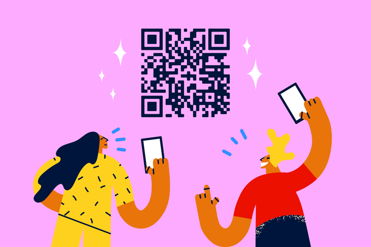 In front of a light pink background, two illustrated people holding smartphones aimed at a twinkly QR code.