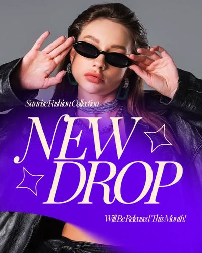 An Instagram post for Sunrise Fashion Collection's New Drop that will be released this month with a person posing in thin black sunglasses