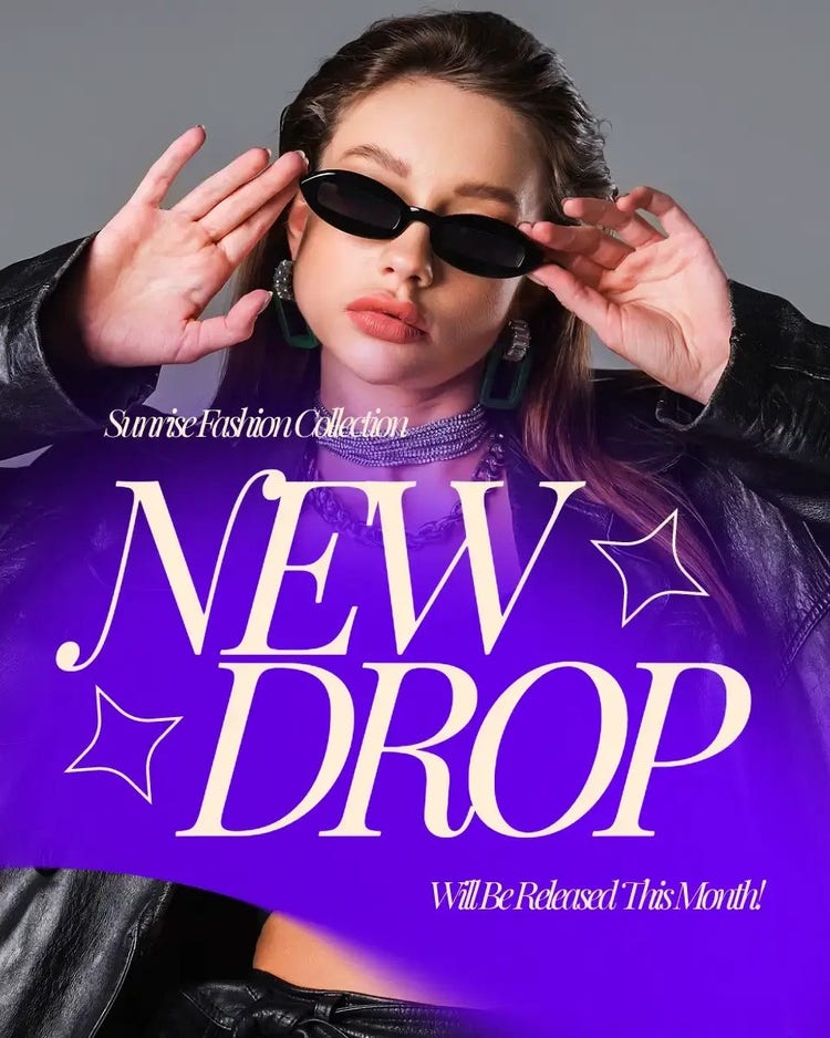 An Instagram post for Sunrise Fashion Collection's New Drop that will be released this month with a person posing in thin black sunglasses