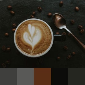 A color palette created from an aerial image of a cup of coffee sitting on a black table with scattered coffee beans and a silver spoon