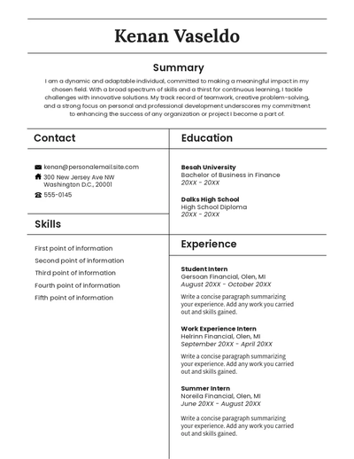 Black and white student resume with a sans serif font