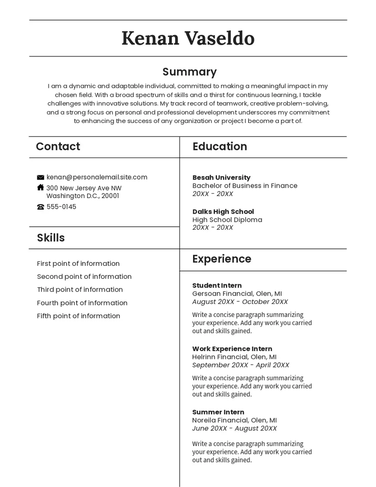 Black and white student resume with a sans serif font