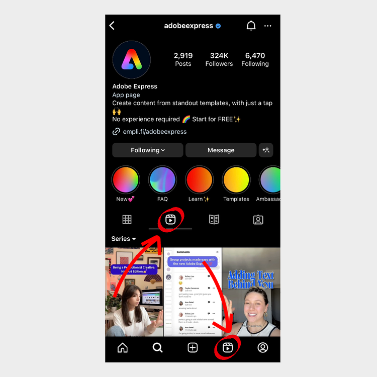 A screenshot of the Adobe Express Instagram page with arrows pointing to how to access Instagram Reels