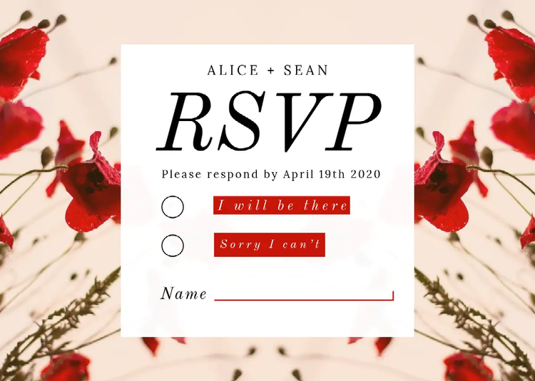 A wedding RSVP card with event details and a picture of red flowers in the background