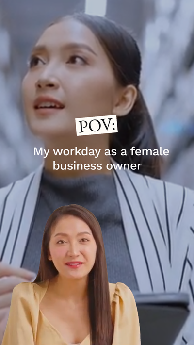 Instagram reel template. Text says "POV: My workday as a female business owner".