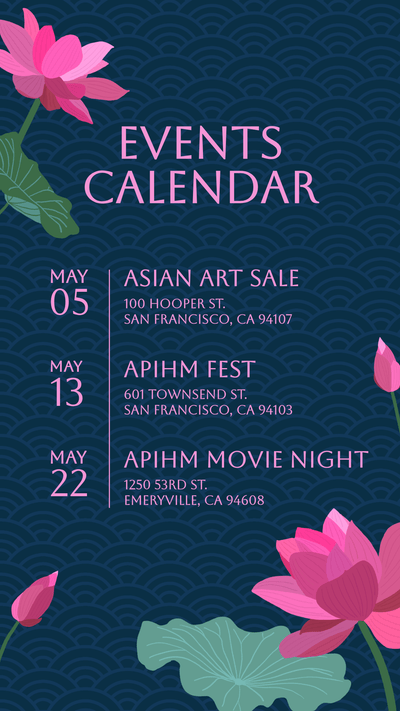 Events calendar template in blue pink and green