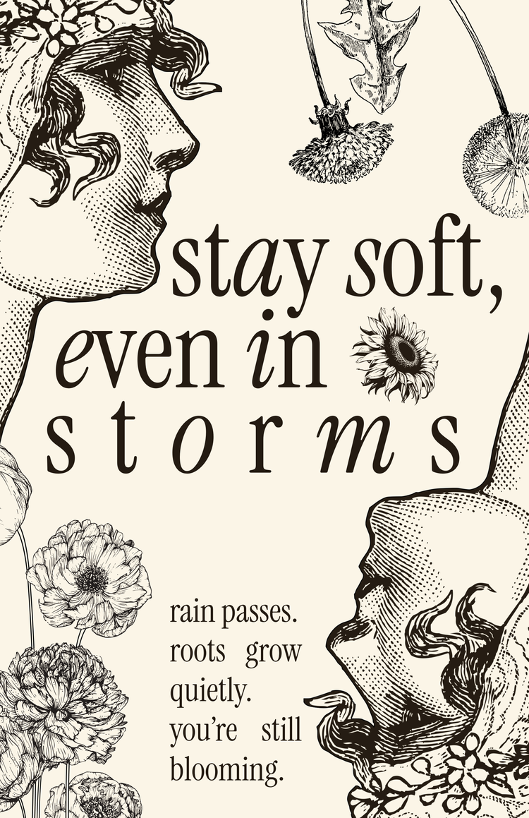 black and white poster a with a profile drawing of a flapper woman and stems of flowers