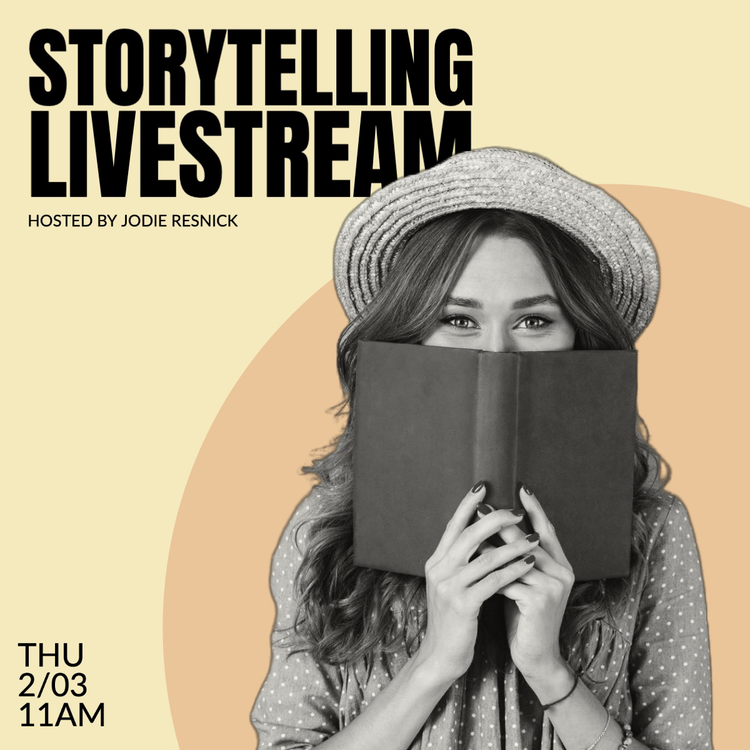 A post promoting a social media influencer's storytelling livestream with a black and white image of a person using a book to cover the lower half of their face