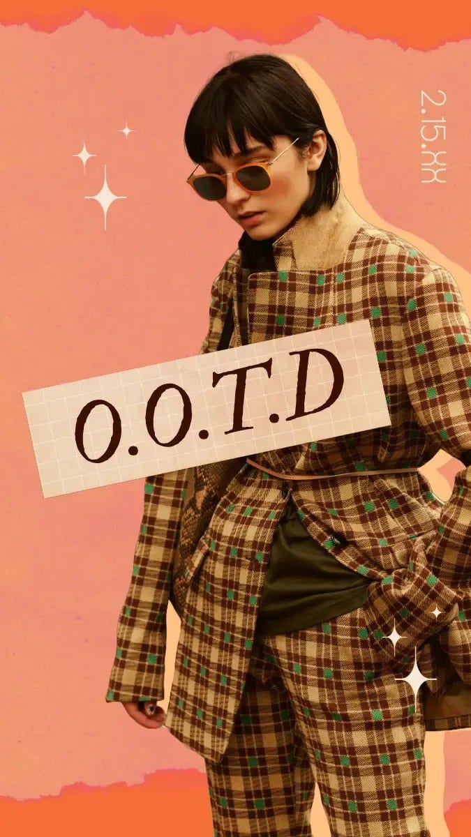 An Instagram reel of a person promoting their O.O.T.D (outfit of the day) while posing against an orange background